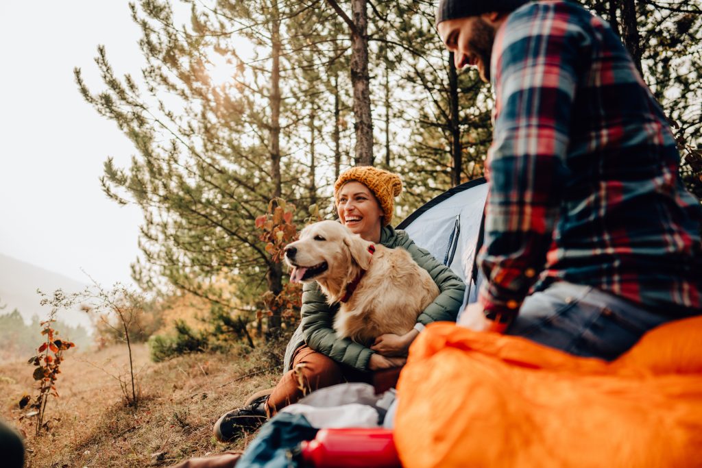 A couple takes a golden retriever on a fall pet-friendly camping trip