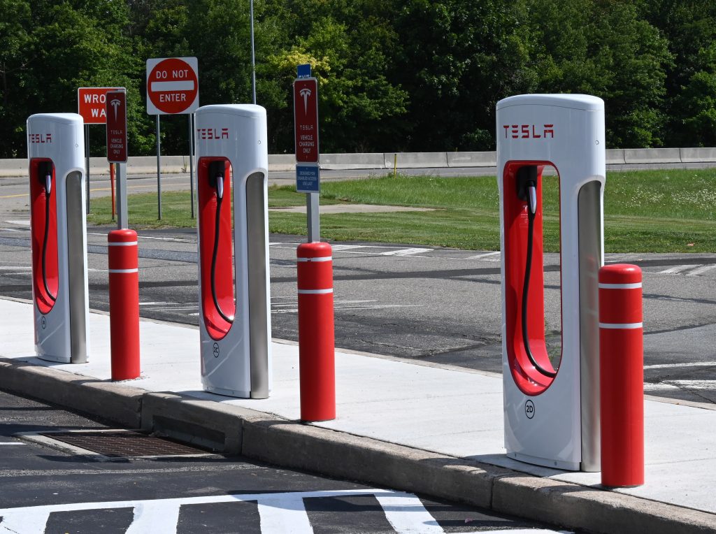 Three Tesla electric vehicle charging stations