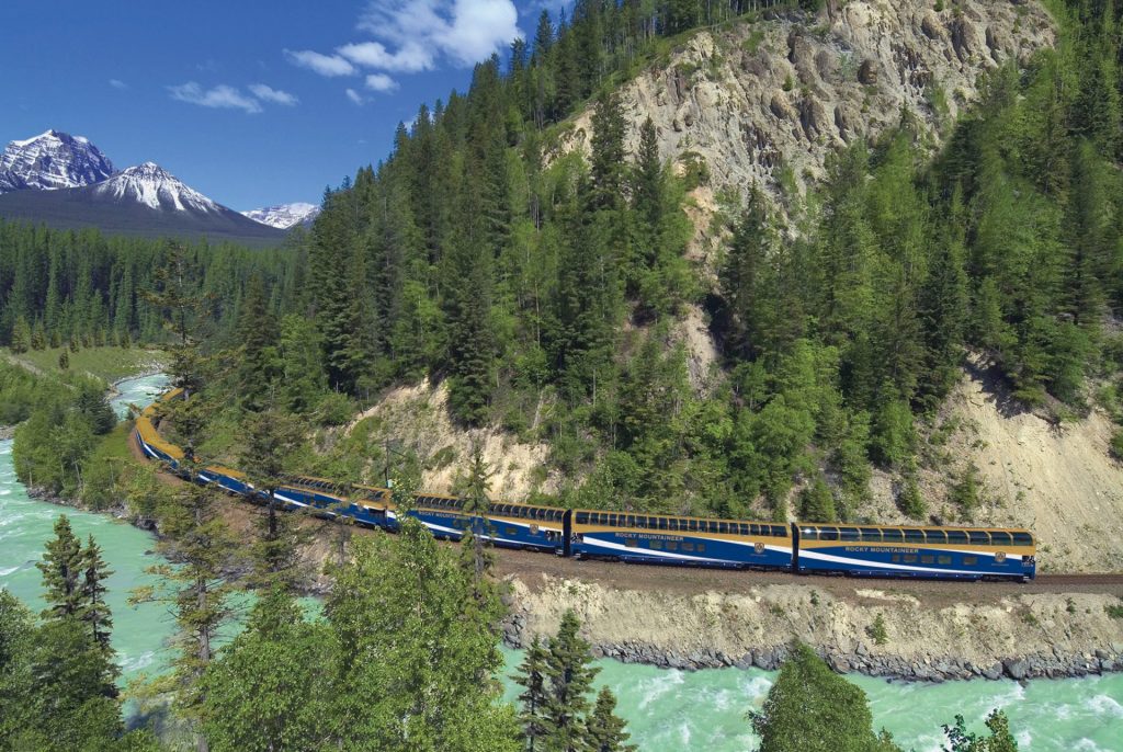 Rocky Mountaineer next to a lake