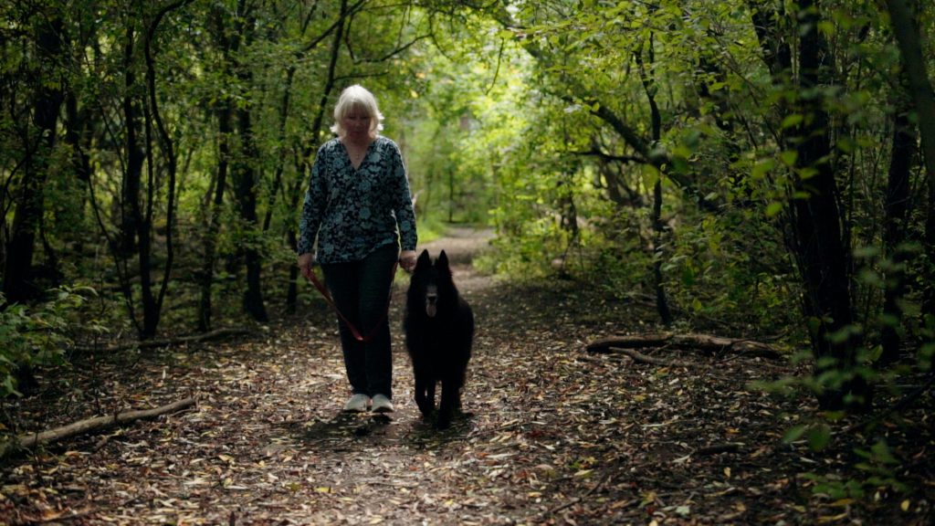 Woman walking dog in forest