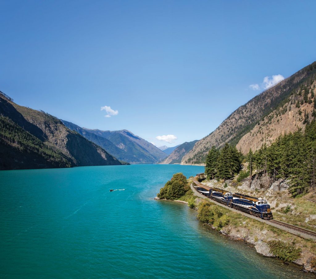 Rocky Mountaineer by lake
