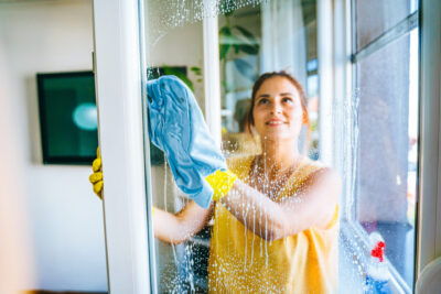 oung woman cleaning and wiping window with spray bottle and rag