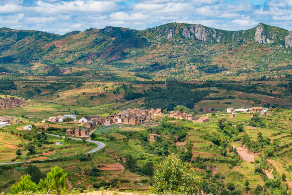Rice terraces and Merina villages along the National Route 7 South of Tananarivo, Madagascar