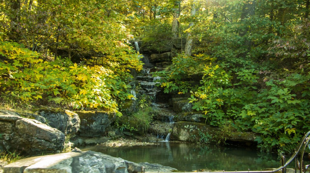 Panoramic view of waterfall over rocks in summer. Princess Louise Falls in Ottawa, Ontario, Canada.