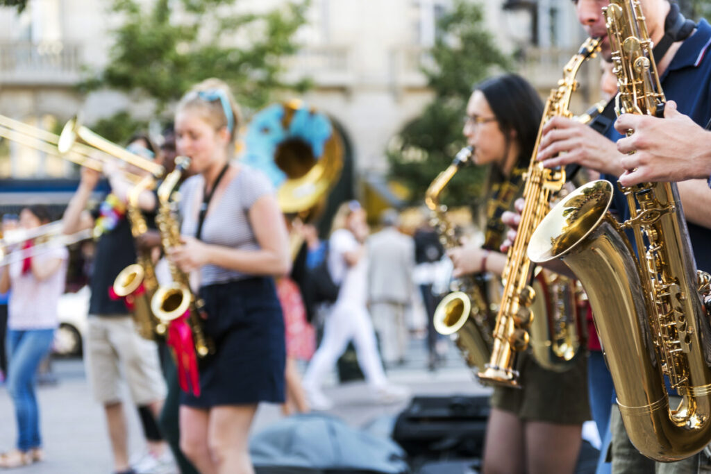 brass band busking at Paris, France
